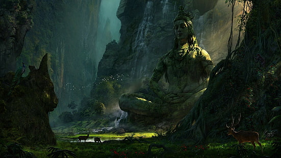 Erde, See, Berge, Shiva, Natur, Hirsch, Landschaft, Wasserfall, HD-Hintergrundbild HD wallpaper
