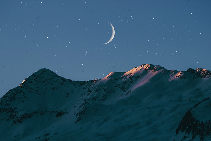 fond d'écran de montagne, montagnes, neige, étoiles, lune, Fond d'écran HD