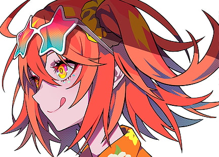 Fate / Grand Order, Fate Series, anime girls, anime, profile, portrait, looking away, smiling, tongues, redhead, sunglasses, colourful, white background, simple background, artwork, drawing, digital art, fan art, LAM, Fond d'écran HD HD wallpaper