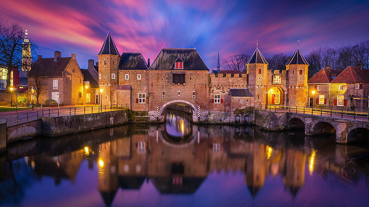 architecture, bridge, castle, clouds, Europe, landscape, Lights, Long Exposure, nature, Netherlands, reflection, sunset, tower, water, HD wallpaper