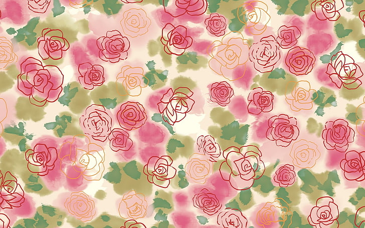 rosa und grüne Blumentapete, Blumen, Rosen, Zeichnung, Licht, HD-Hintergrundbild