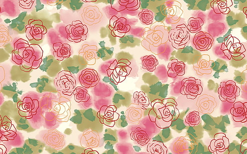 rosa och gröna blommiga tapeter, blommor, rosor, teckning, ljus, HD tapet HD wallpaper