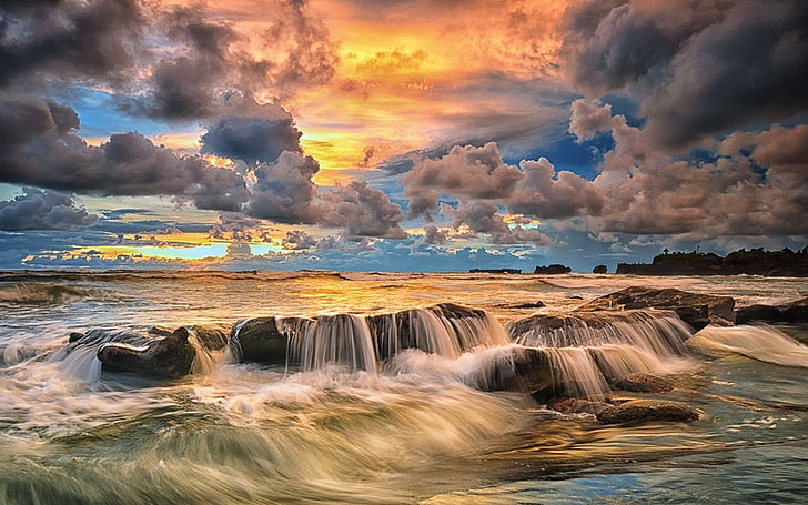 nature, landscape, sunset, coast, beach, sky, clouds, sea, rock, Bali, Indonesia, tropical, HD wallpaper