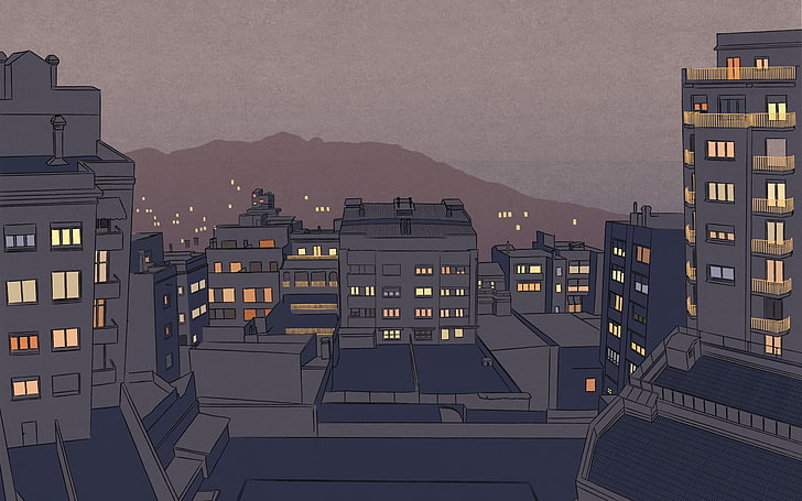 ilustracja budynków miejskich, miasto, sztuka cyfrowa, minimalizm, narysowany, Tapety HD
