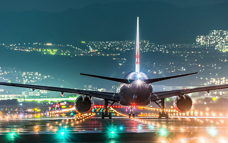 Airport, Cityscape, Hill, Japan, landscape, Lights, night, Osaka, Passenger Aircraft, Rear View, Runway, Turbine, wings, HD wallpaper
