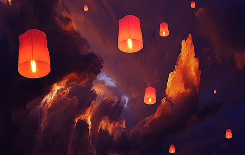 outdoor lantern artwork, lantern, sky lanterns, clouds, artwork, floating, HD wallpaper HD wallpaper