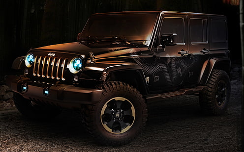 czarny Jeep Wrangler SUV, światła, Dragon, koncepcja, SUV, koncepcja, Jeep, zmierzch, przód, Wrangler, Ringler, Tapety HD HD wallpaper