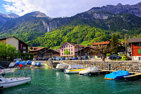 лес, горы, озеро, берег, дома, лодки, Швейцария, озеро Интерлакен, HD обои HD wallpaper