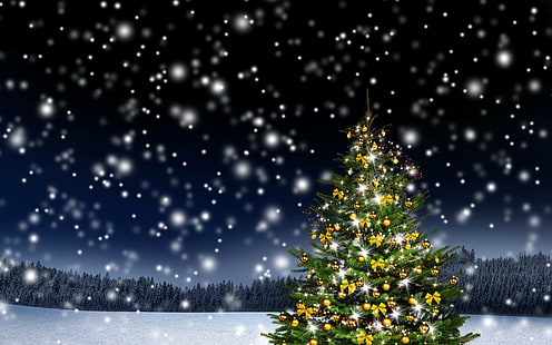 Año Nuevo, invierno, nieve, árbol de navidad verde con adornos, nieve, árbol, luces, bosque, árboles, invierno, prado, amarillo, bolas, juguetes, Año Nuevo, cintas, adornos, naturaleza, noche, vacaciones, copos de nieve, navidad, Fondo de pantalla HD HD wallpaper