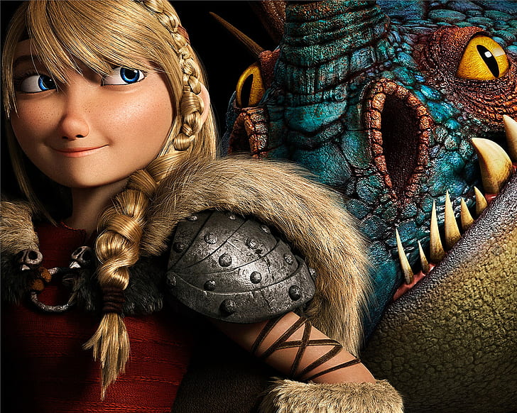 How to Train Your Dragon 2, Movie, how to train your dragon woman character and blue dragon, How to Train Your Dragon 2, Movie, Film, 2014, DreamWorks, Animation, Action, Adventure, Comedy, family, fantasy, America Ferrera, Astrid, Viking, dragon, blonde, hair, blue, eyes, armor, helmet, beautifull, girl, dark, Backround, HD wallpaper