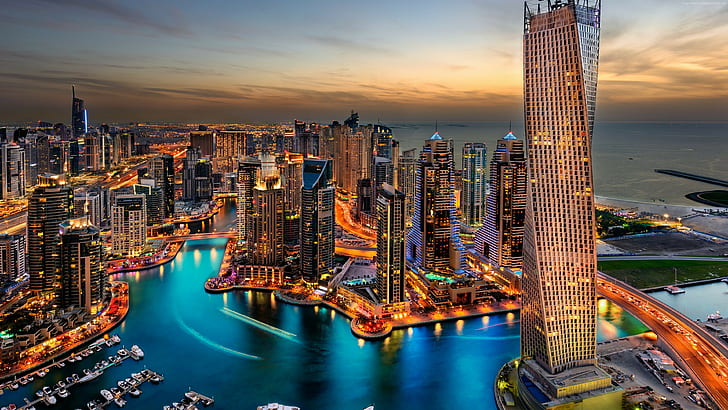 Дубай, град, небостъргачи, сграда, хотел, пътуване, нощ, светлини, емирства, център, 4k снимки, 8k снимки, HD тапет
