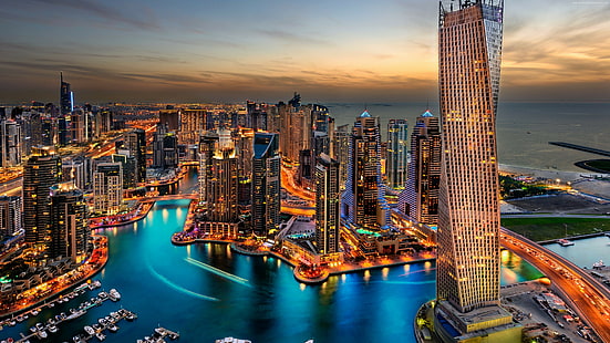 두바이, 도시, 고층 빌딩, 건물, 호텔, 여행, 밤, 조명, 에미레이트 항공, 시내, 4k 사진, 8k 사진, HD 배경 화면 HD wallpaper