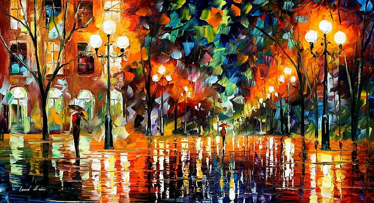 Kolorowy, Leonid Afremov, malarstwo, ulica, parasolka, Tapety HD