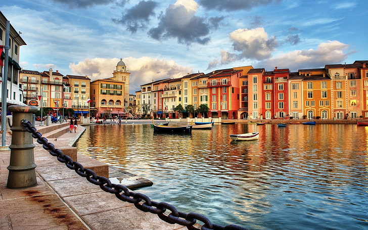 Portofino, Italy, building, city, boat, chains, sea, clouds, water, reflection, HD wallpaper