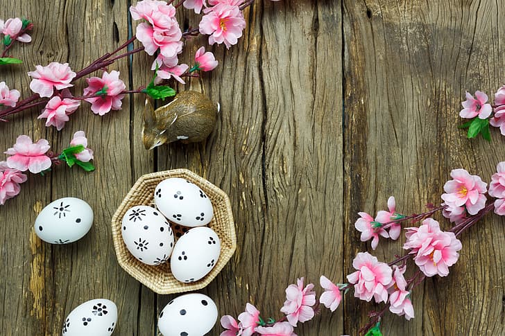 flowers, basket, eggs, spring, Easter, pink, wood, blossom, decoration, Happy, tender, HD wallpaper