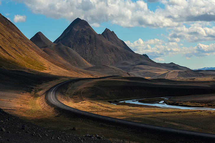 brown and black wooden board, nature, road, mountains, clouds, Iceland, HD wallpaper