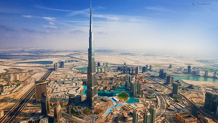 Бурж Халифа, ОАЕ, изглед отгоре на черна сграда в града, Бурж Халифа, Дубай, град, градски пейзаж, небостъргач, сграда, Обединени арабски емирства, HD тапет