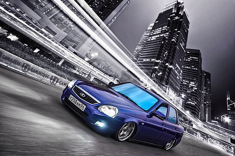 niebieski Lada sedan, lądowanie, VAZ, Lada, przed, priora, Taz, bpan, Tapety HD HD wallpaper