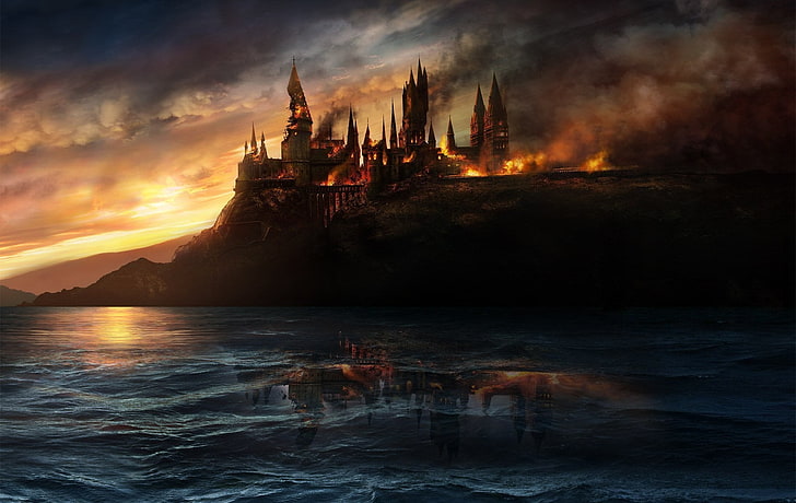 burning castle, Hogwarts, destruction, fire, castle, fantasy art, sea, clouds, reflection, Harry Potter and the Deathly Hallows, movies, Harry Potter, HD wallpaper