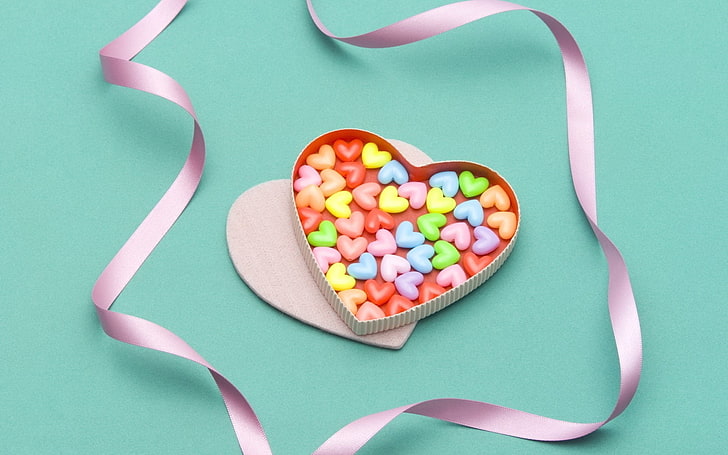 heart-shaped white box, heart, candy, colorful, ribbon, HD wallpaper