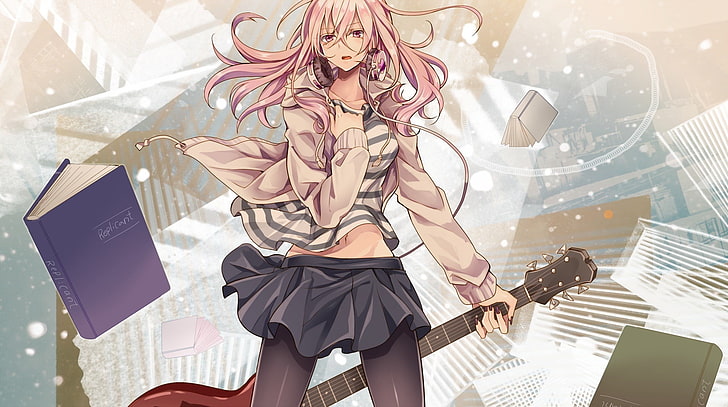 kvinna med gitarr anime karaktär, Gahata Mage, Utau, animeflickor, rosa hår, röda ögon, strumpbyxor, långt hår, hörlurar, kjol, gitarr, HD tapet