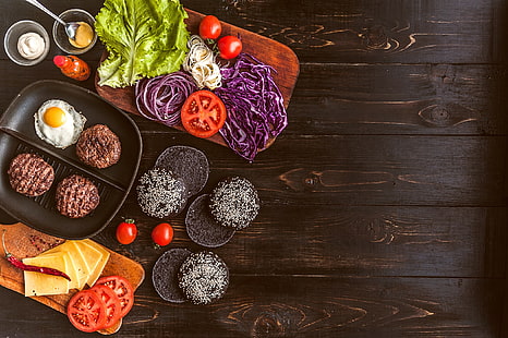 Lebensmittel, Fleisch, Gemüse, Eier, Tomaten, Salat, HD-Hintergrundbild HD wallpaper