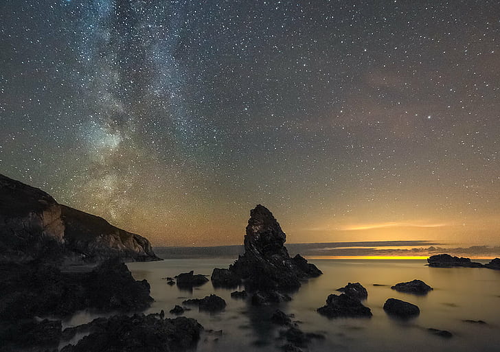 rock formations on beach under starry dusk sky, porth, porth, Nightscape, Rhoscolyn, rock, formations, beach, starry, dusk, night  sky, stars, Ynys Mon, Cymru, St, seascape, galaxy, cosmos, landscape, astrophotography, Wales Coast Path, Anglesey Coastal Path, night, star - Space, astronomy, nature, milky Way, sky, sea, nebula, mountain, space, HD wallpaper