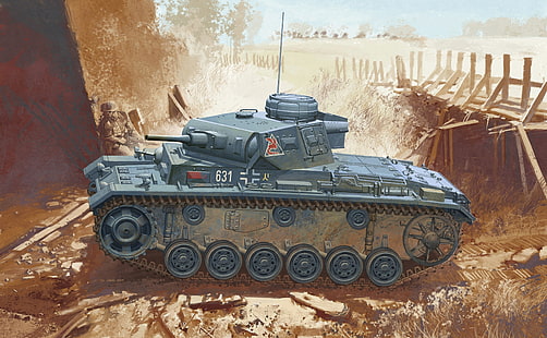 green battle tank illustration, bridge, art, soldiers, The second world war, WW2, PzKpfw III Ausf. J, German tank, HD wallpaper HD wallpaper