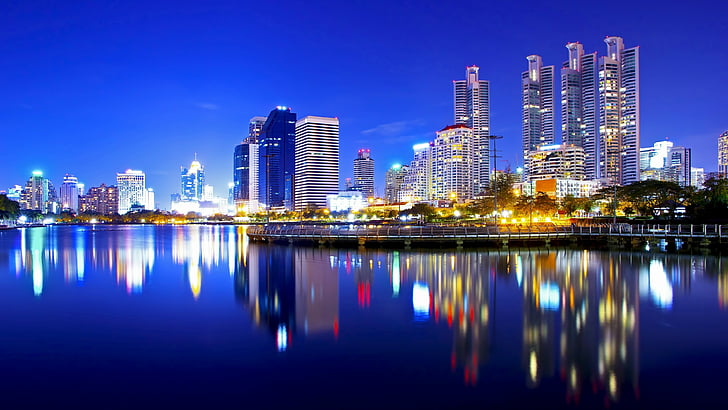bangkok, cityscape, reflection, downtown, skyline, metropolis, thailand, blue, skyscraper, tower block, night, sky, asia, city lights, water, HD wallpaper