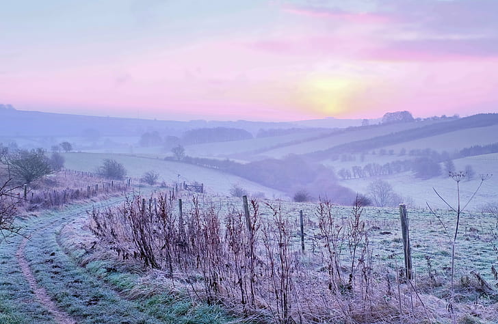 white snow coated mountain, gloucestershire, gloucestershire, Sunrise, Cotswolds, Gloucestershire, coated, mountain, valley  fields, path, track, colours, sun  rise, sky, fuji, x100, landscape, pink, yellow, fence, road, grass, footpath, horizon, clouds, england, britain, countryside, british  english, english  uk, country, photograph, photo, photography, picture, art, light, exposure, capture, shot, image, snap, world, earth, planet, natural  history, outdoor, national, nature, rural Scene, agriculture, sunset, hill, field, farm, outdoors, tree, flower, meadow, plant, scenics, sunrise - Dawn, summer, beauty In Nature, HD wallpaper