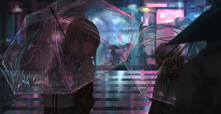 우산, 비, 밤, 二次 元, HD 배경 화면
