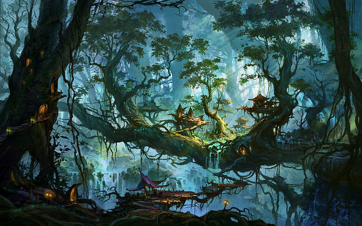 Enchanted village on the forest trees, green tree painting, fantasy, 1920x1200, house, tree, forest, village, HD wallpaper