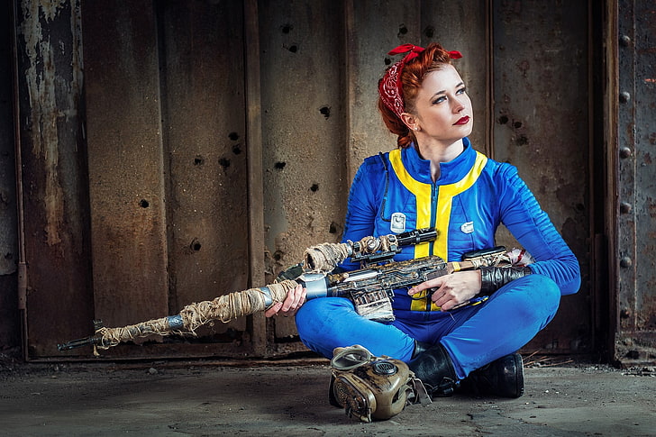 women's blue overall suit, women, redhead, cosplay, Fallout, Fallout 4, video games, rifles, sniper rifle, red lipstick, blue eyes, HD wallpaper