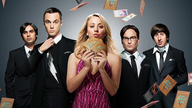 kobieta trzymająca kartę, The Big Bang Theory, Sheldon Cooper, Leonard Hofstadter, Penny, Howard Wolowitz, Raj Koothrappali, Tapety HD