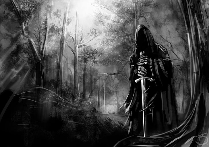 wraith digital tapet, skog, natur, svärd, spöke, Nazgul, träd, mörka bakgrundsbilder, HD tapet