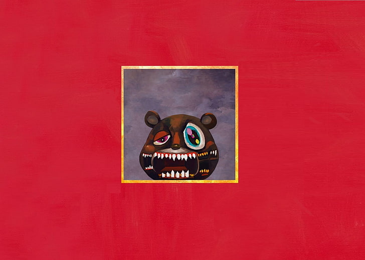 czarno-brązowy plakat z niedźwiedziem w żółtej ramce, hip hop, Kanye West, Tapety HD