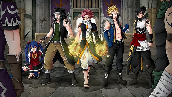 Anime, Fairy Tail, Gajeel Redfox, Natsu Dragneel, Rogue Cheney, Sting Eucliffe, Wendy Marvell, Tapety HD HD wallpaper