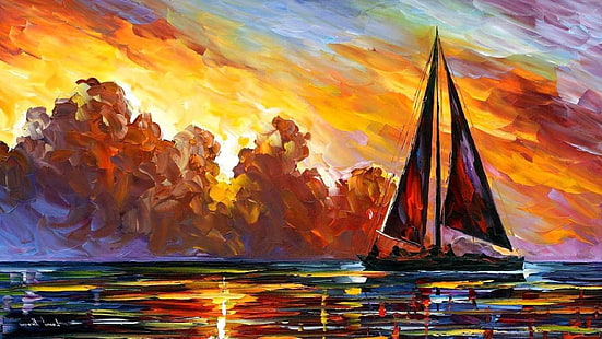 Kunstwerk, Leonid Afremov, Malerei, Segelboote, Meer, HD-Hintergrundbild HD wallpaper