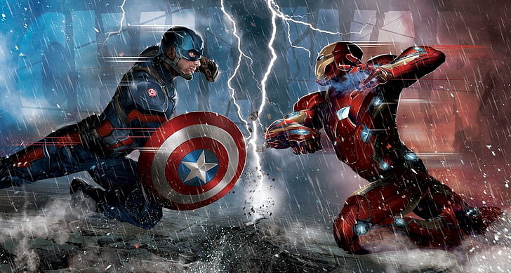 Тапет за капитан Америка и Железния човек, Капитан Америка, Капитан Америка: Гражданска война, Железният човек, комикси, Marvel Comics, супергерой, произведения на изкуството, концептуално изкуство, мълния, HD тапет