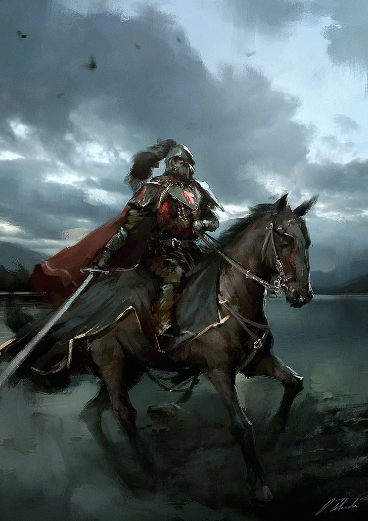 конный рыцарь на коне, Дарек Заброцкий, произведение искусства, конь, фэнтези арт, HD обои, телефон обои