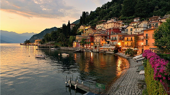 Kasabalar, Varenna, İtalya, Gün Batımı, Su, HD masaüstü duvar kağıdı HD wallpaper