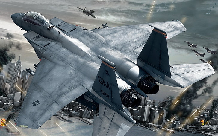 gray fighter jet, ace combat, fighter, city, fight, fuselage, HD wallpaper