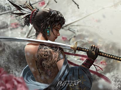 grafika, fantasy art, kobiety, tatuaż, miecz, katana, Tapety HD HD wallpaper