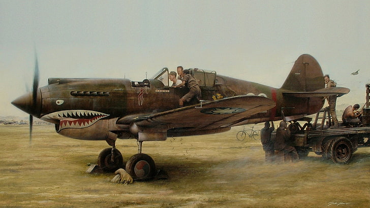 brown fighter jet, figure, art, repair, the airfield, WW2, briefing, Curtiss P-40, American fighter, Curtiss P-40 &quot;Tomahawk&quot;, staff, HD wallpaper