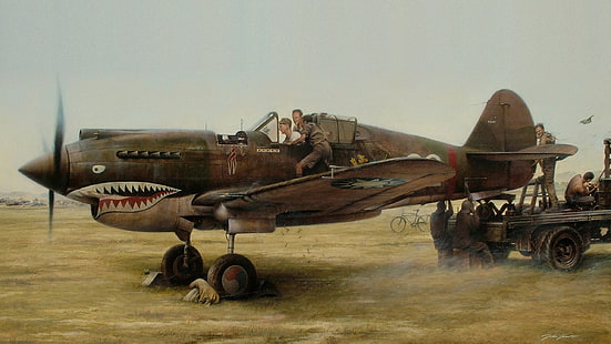 avión de combate marrón, figura, arte, reparación, el aeródromo, WW2, información, Curtiss P-40, caza estadounidense, Curtiss P-40 '' Tomahawk '', personal, Fondo de pantalla HD HD wallpaper