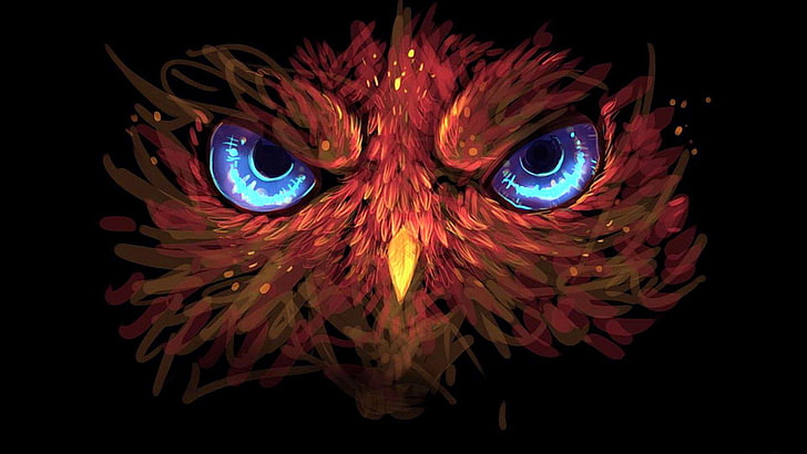 owl, art, darkness, artwork, blue eyes, graphics, HD wallpaper