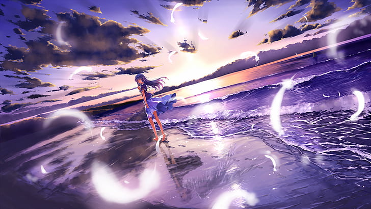 waves, anime girls, barefoot, purple, beach, sky, clouds, feathers, HD wallpaper