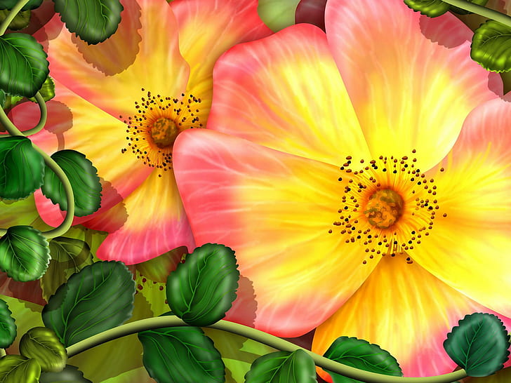 Exotic Flowers. Jpg, flower, yellow, exotic, pink, 3d and abstract, HD wallpaper