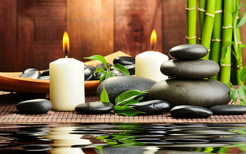 Piedras, velas, aromaterapia, spa, agua, bambú, masaje, Fondo de pantalla HD HD wallpaper