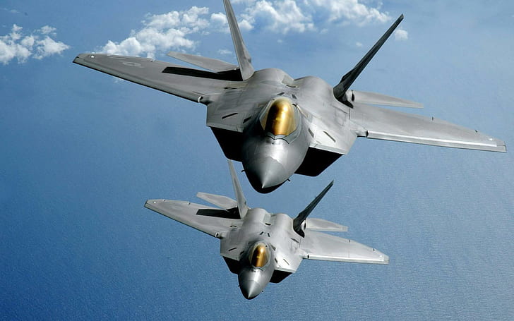 F22 Tandemflug, zwei graue Düsenflugzeuge, Düsenjäger, Tandem, Flug, Flugzeuge, HD-Hintergrundbild